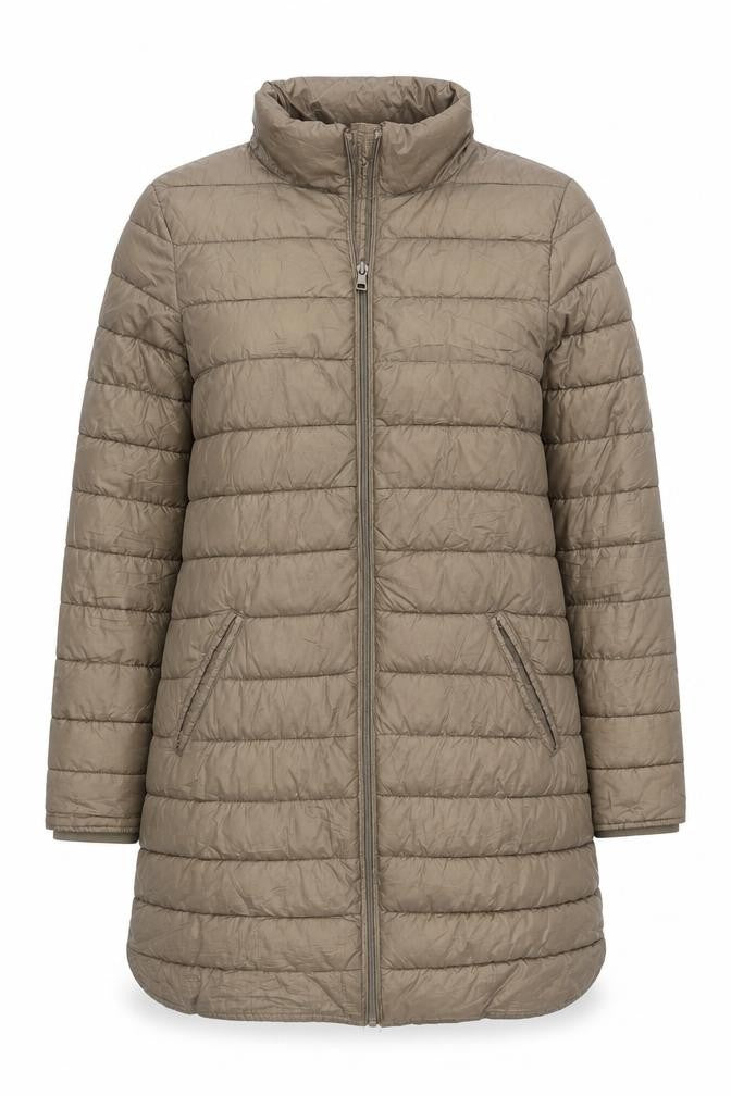 Front view of Dunnes women’s brown quilted coat, size S, zip