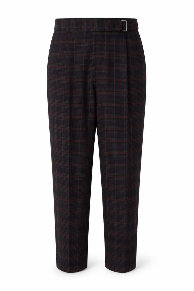 Front view of Next women’s red plaid polyester trousers, size UK 12, 25-inch leg regular button