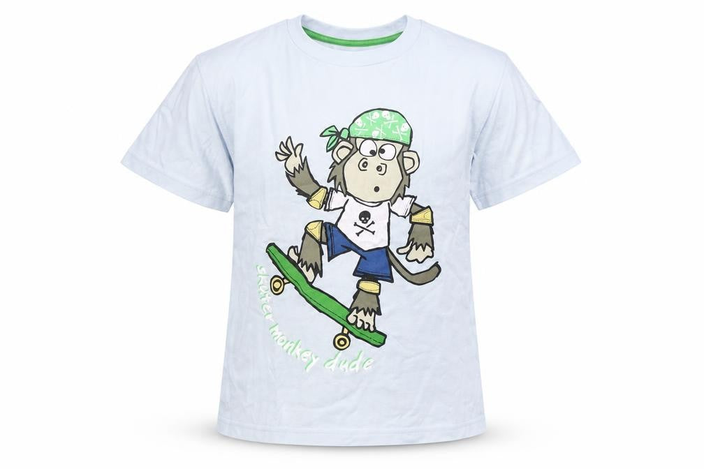 Front view of Next boys’ blue cotton basic t-shirt, size 7, years round neck pullover - monkey skater dude