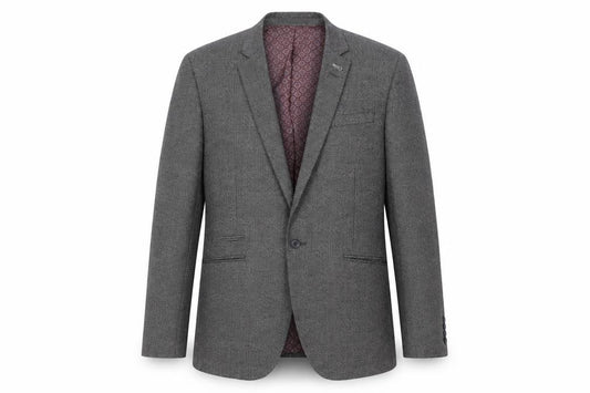 Front view of Cedarwood State men’s grey plaid polyester jacket suit jacket, size L