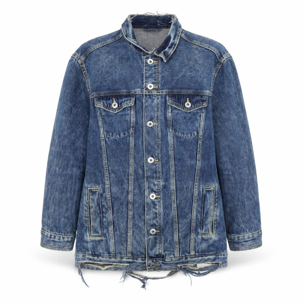 Front view of H&M women’s blue jacket, size UK 8, button - ripped detail