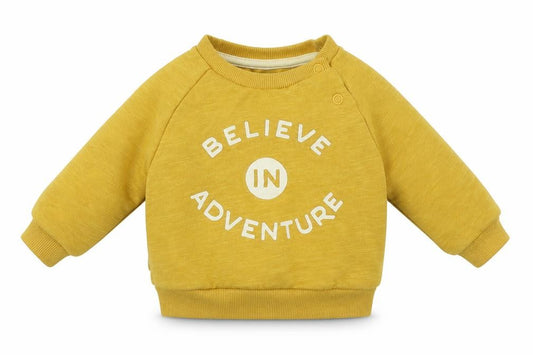 Front view of Primark boys’ yellow cotton jumper, size 0-3, months pullover - believe in adventure