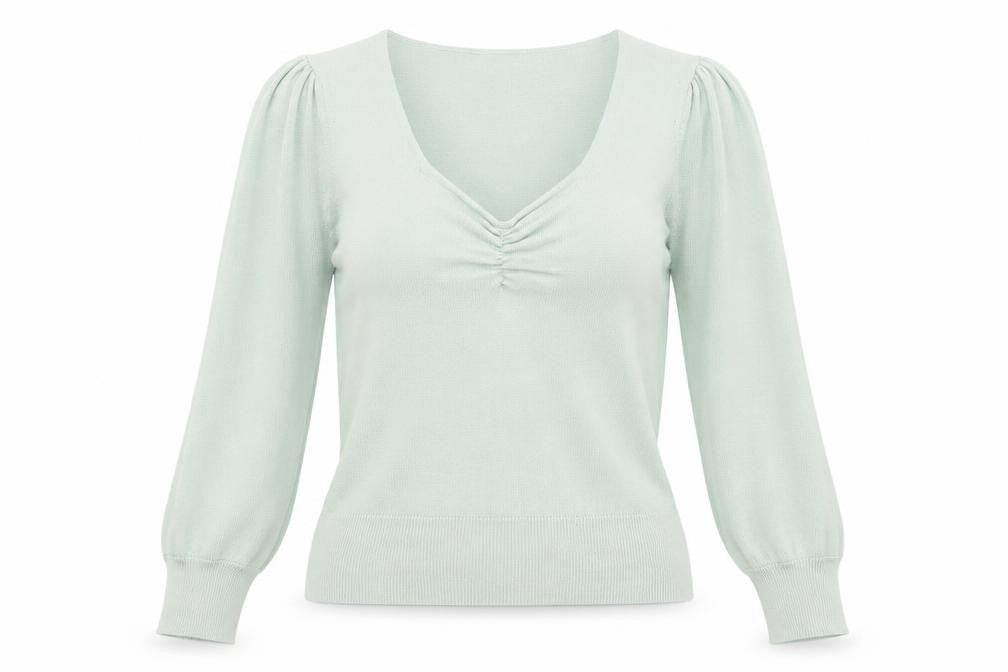 Front view of Dunnes women’s green v-neck polyester jumper, size XS