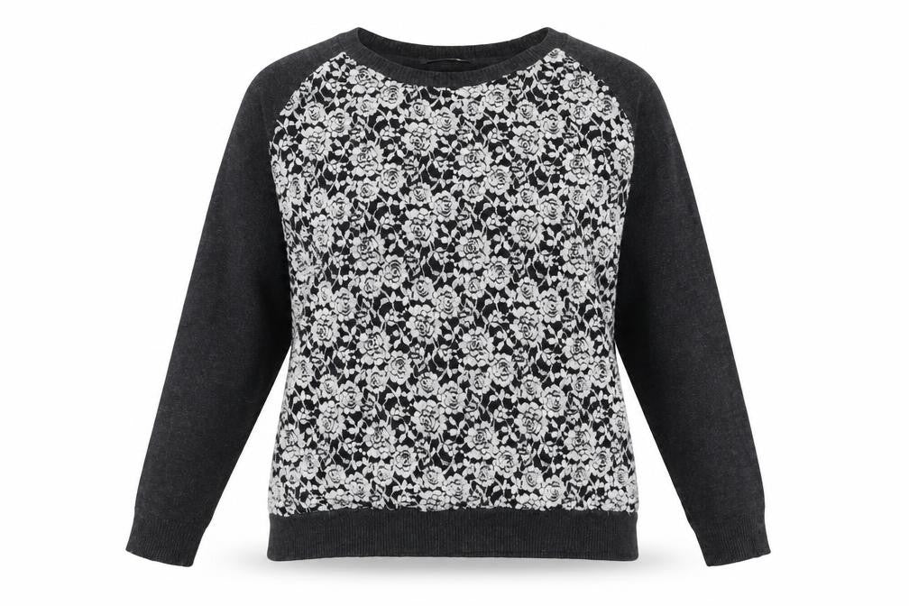 Front view of Marks & Spencer women’s grey round neck floral polyester jumper, size UK 14