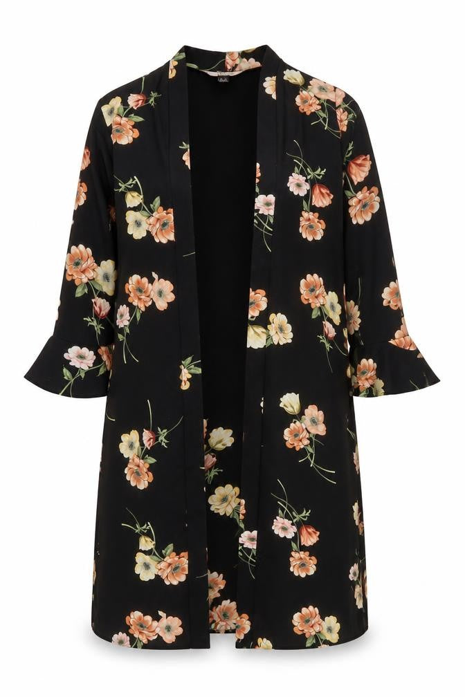 Front view of New Look women’s black floral jacket, size UK 8
