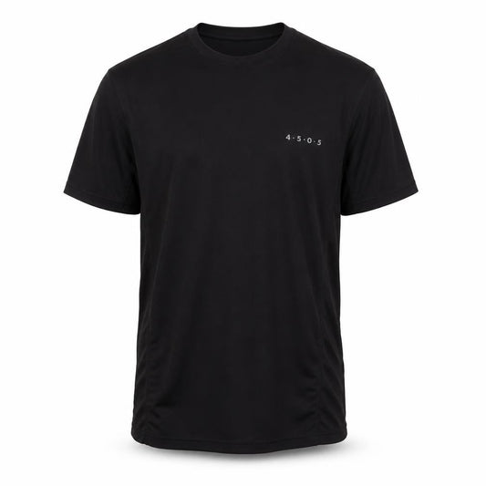 Front view of ASOS men’s black polyester basic t-shirt, size S, round neck