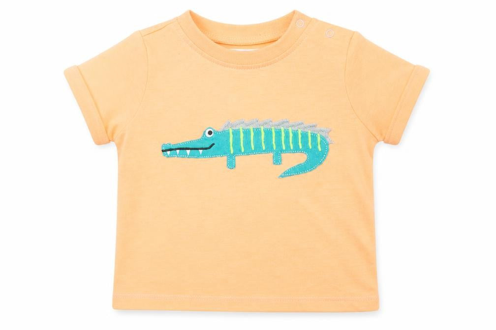 Front view of Next boys’ orange cotton basic t-shirt, size 0-3, months round neck pullover - crocodile