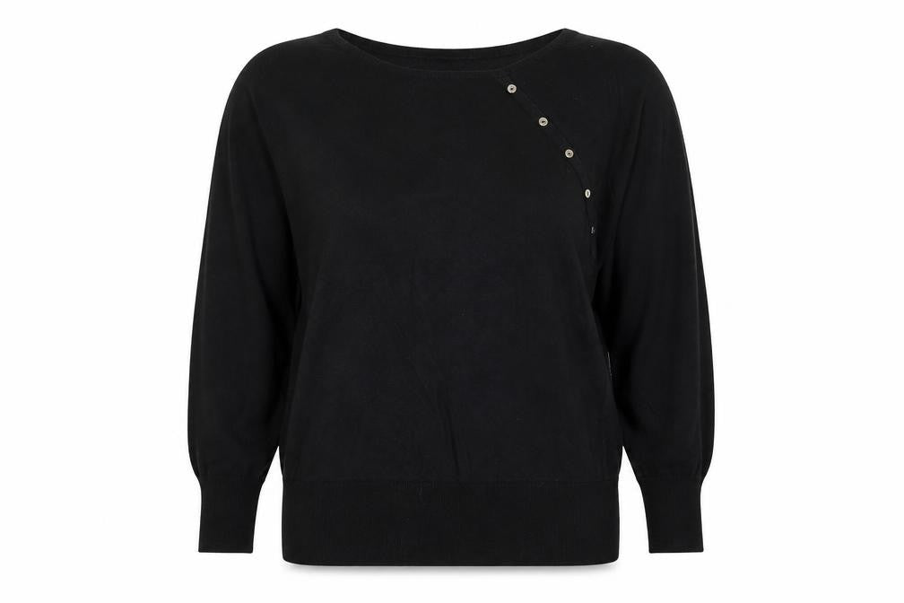 Front view of Jeanswest women’s black round neck rayon jumper, size S