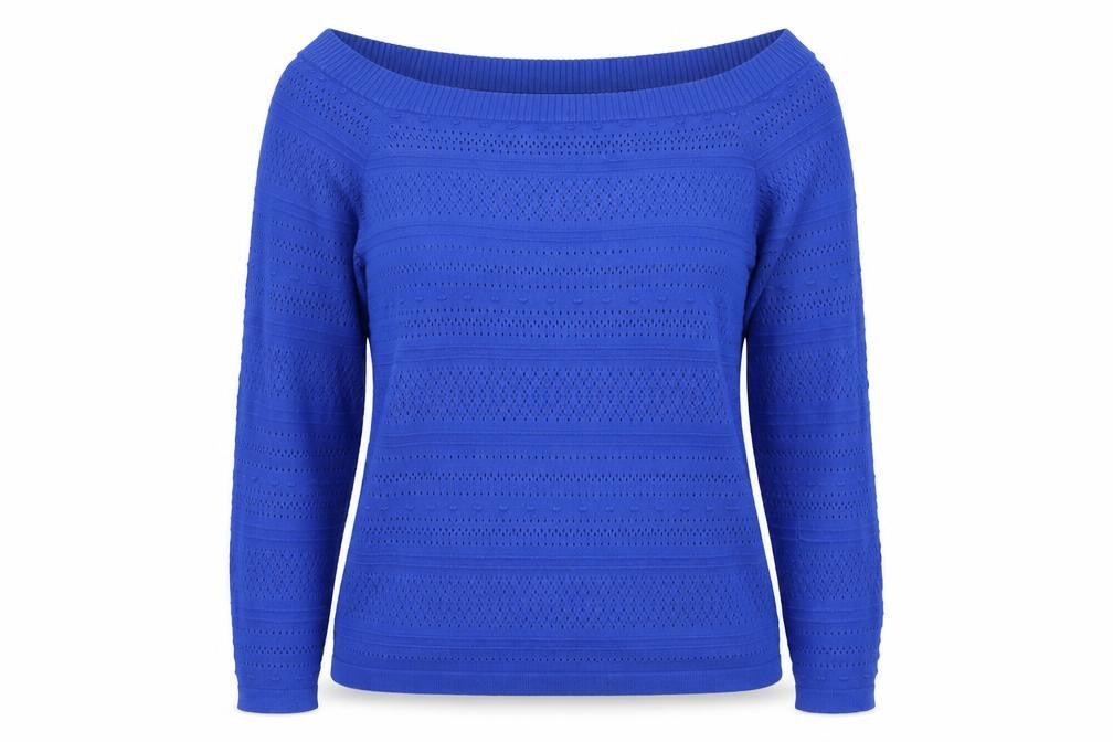 Front view of Dorothy Perkins women’s blue square neck polyester jumper, size UK 10