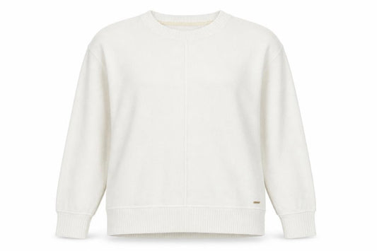 Front view of Dunnes women’s ivory round neck polyester jumper, size UK 8