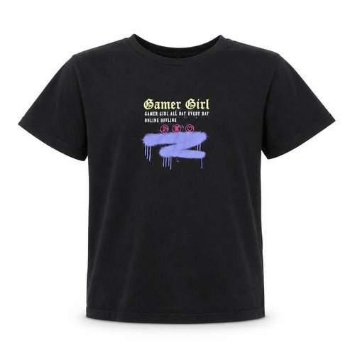 George Girls Black  Cotton Basic T-Shirt Size 6-7 Years Round Neck  - Girl Gamer