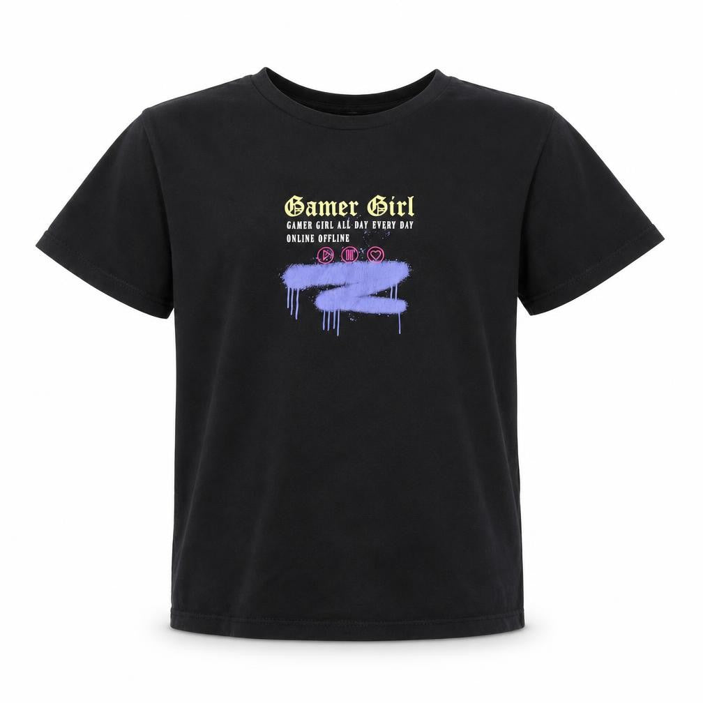 George Girls Black  Cotton Basic T-Shirt Size 6-7 Years Round Neck  - Girl Gamer