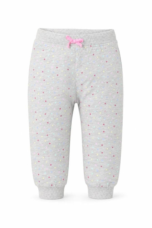 Front view of Matalan boys’ grey geometric cotton jogger trousers, size 12-18, months