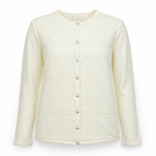 Front view of Preworn women’s ivory round neck acrylic cardigan jumper, size M