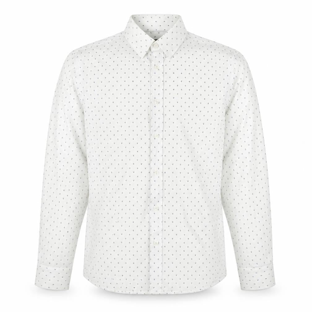 Front view of River Island men’s white geometric cotton button-up, size M, collared button