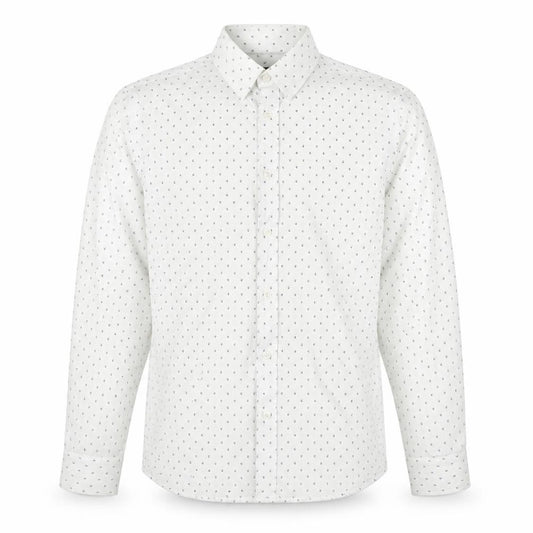 Front view of River Island men’s white geometric cotton button-up, size M, collared button