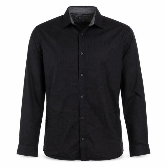 Front view of Next men’s black polyester button-up, size M, collared button