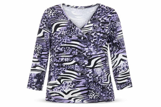 Front view of Gelco women’s purple animal print polyester basic t-shirt, size UK 12, v-neck