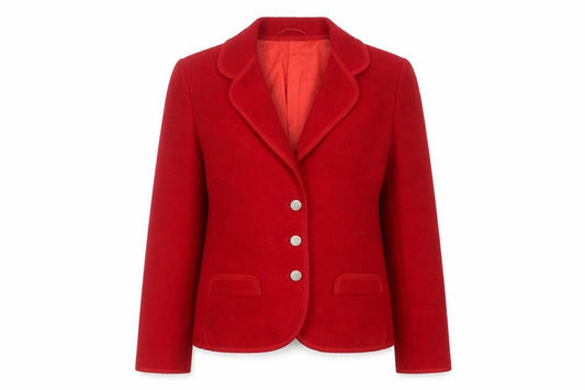 Front view of walkloden women’s red jacket, size UK 8, button