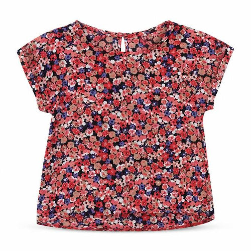Dunnes Girls Red Floral Polyester Basic Blouse Size 7 Years Crew Neck Button