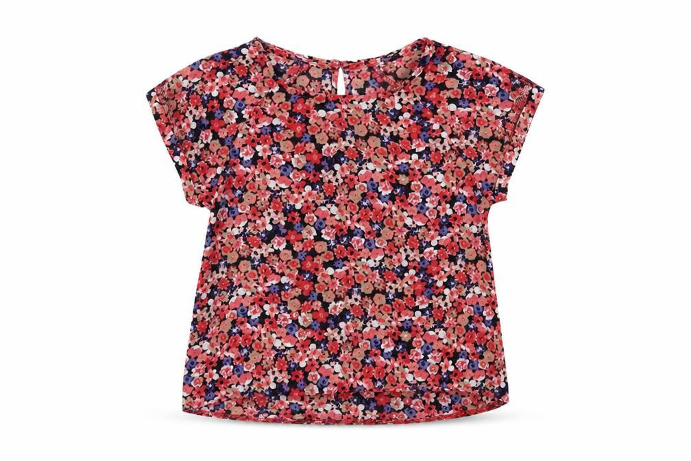 Dunnes Girls Red Floral Polyester Basic Blouse Size 7 Years Crew Neck Button