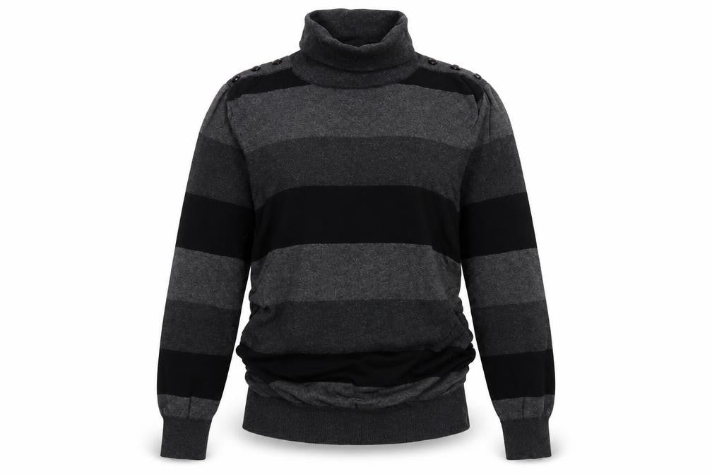 Front view of Savida women’s grey roll neck striped camel jumper, size UK 10, - ruched