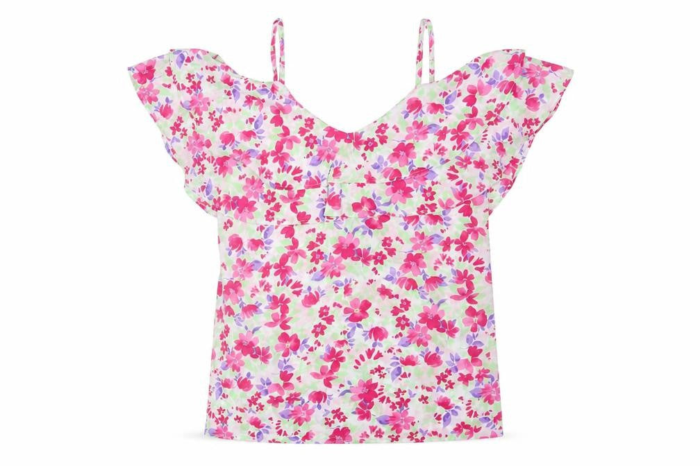 Front view of Pep&Co women’s multicoloured floral polyester camisole blouse, size UK 8, v-neck