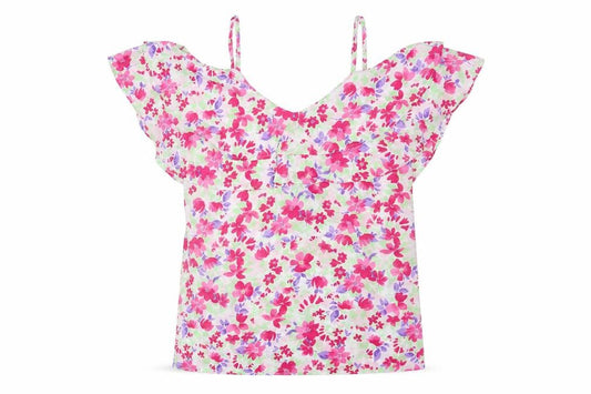 Front view of Pep&Co women’s multicoloured floral polyester camisole blouse, size UK 8, v-neck