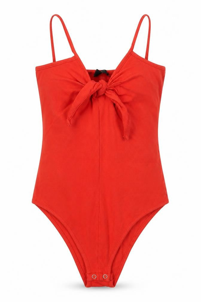 Front view of Atmosphere women’s red cotton bodysuit one-piece, size UK 8, button