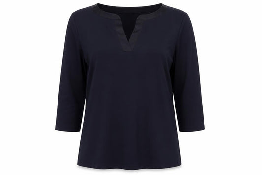 Front view of Rob women’s blue viscose basic blouse, size UK 12, v-neck