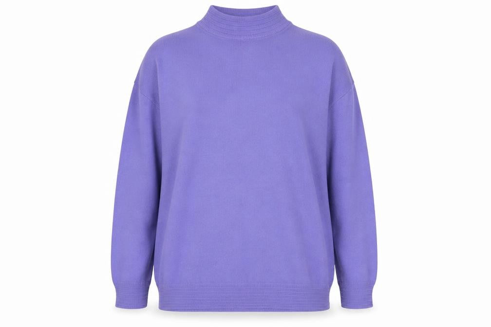 Front view of St Bernard women’s purple high neck acrylic jumper, size UK 14