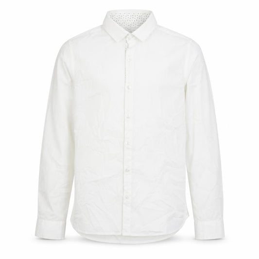 Front view of Next boys’ white geometric 100% cotton basic button-up, size 12, years collared button