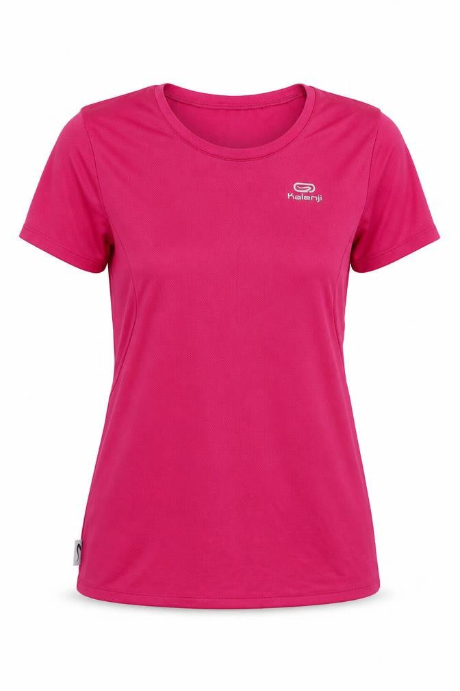 Front view of Kalenji women’s pink polyester jersey t-shirt, size XS, scoop neck pullover