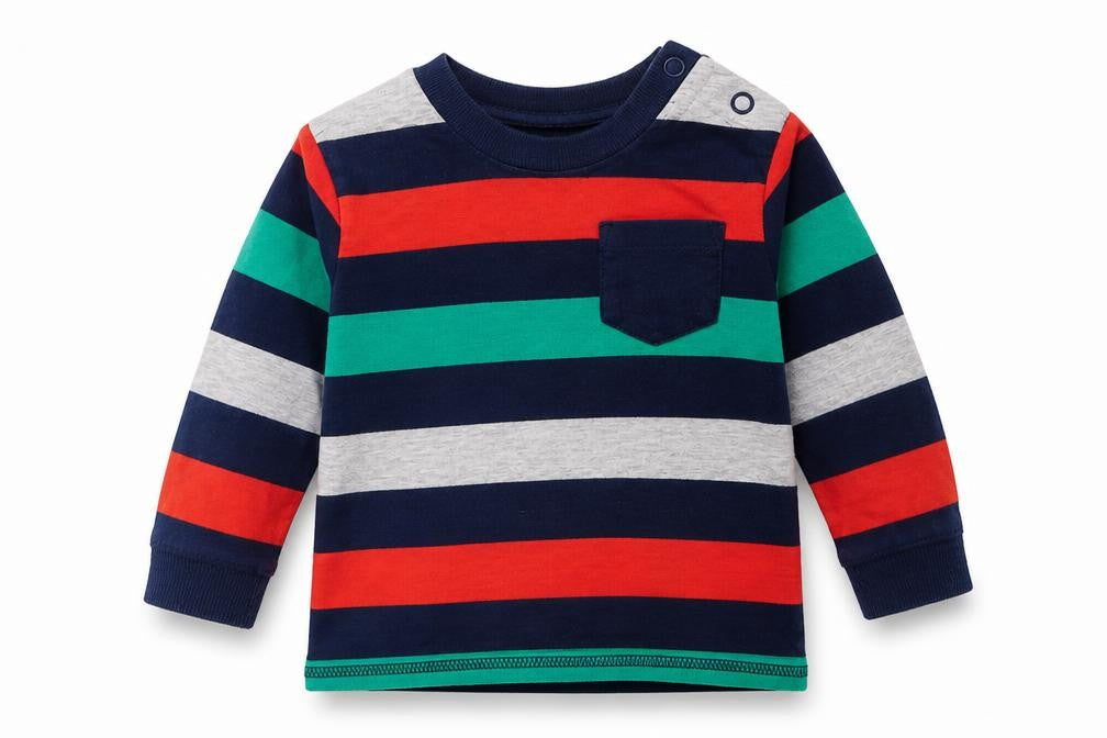 Front view of F&F boys’ multicoloured colourblock 100% cotton basic t-shirt, size 3-6, months crew neck pullover