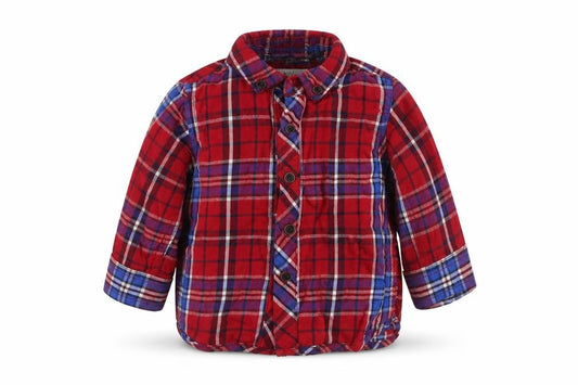 Front view of Next boys’ red plaid 100% cotton basic button-up, size 3-6, months collared button