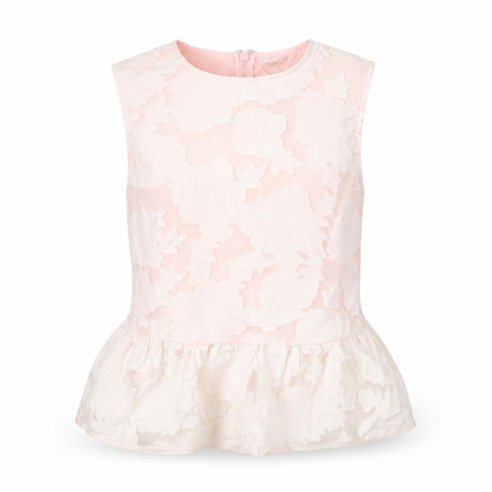 Front view of Warehouse women’s pink floral cotton basic blouse, size UK 12, round neck