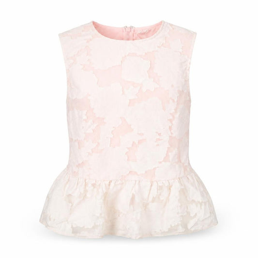 Front view of Warehouse women’s pink floral cotton basic blouse, size UK 12, round neck