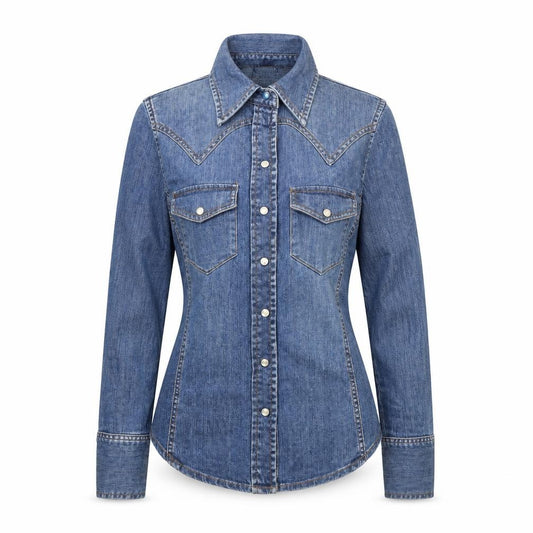 Front view of Gap women’s blue cotton basic button-up size 2xs collared