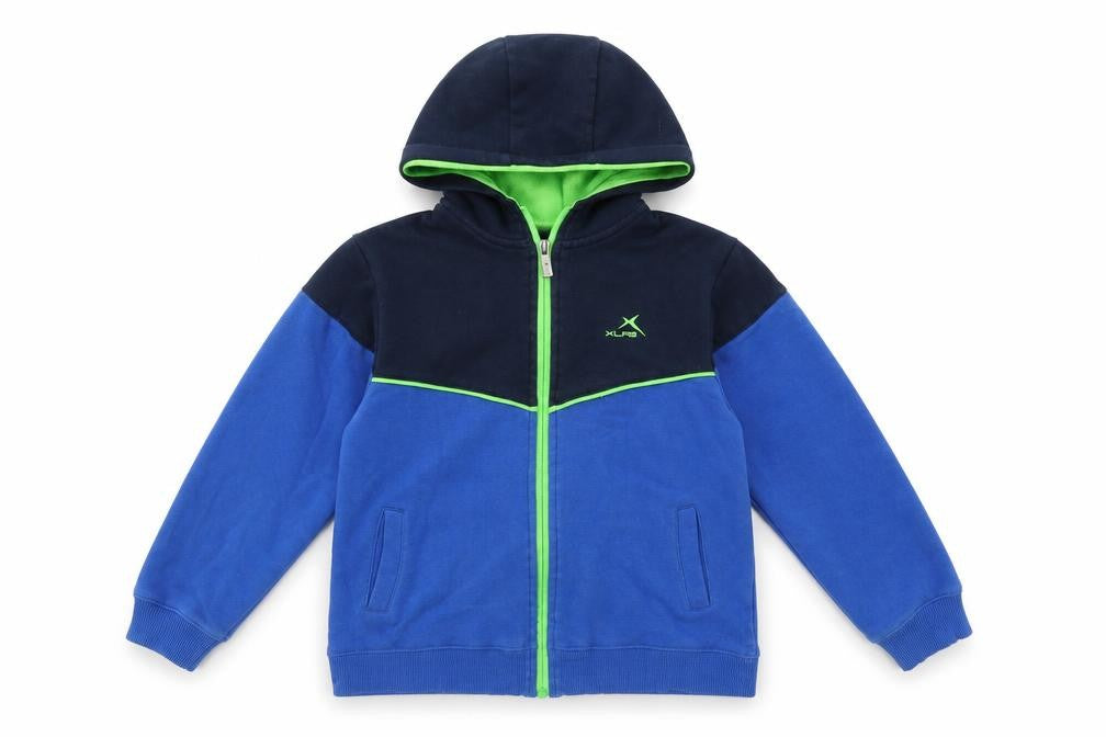 Front view of Dunnes girls’ blue polyester full zip hoodie, size 9, years zip