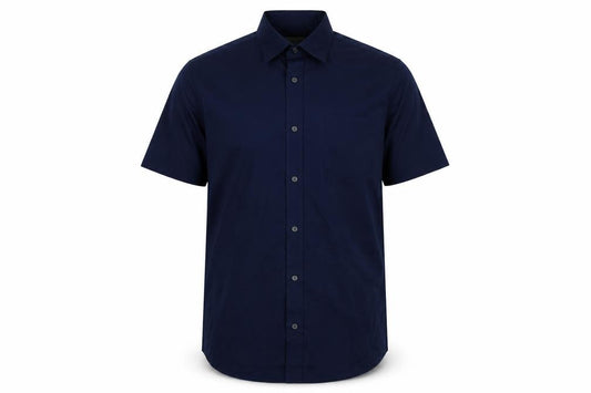 Front view of Williams&Brown men’s black polyester button-up, size 17, collared button