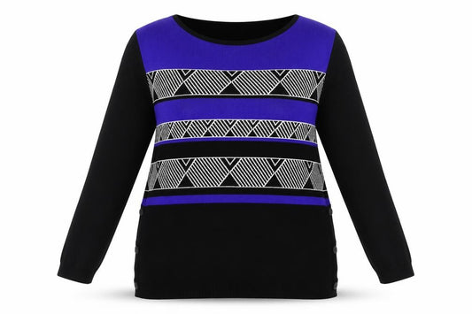 Front view of Principles women’s black boat neck geometric viscose jumper, size UK 14