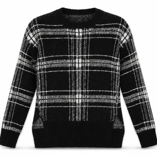 Marks and Spencer Womens Black Crew Neck Plaid Acrylic Pullover Jumper Size S