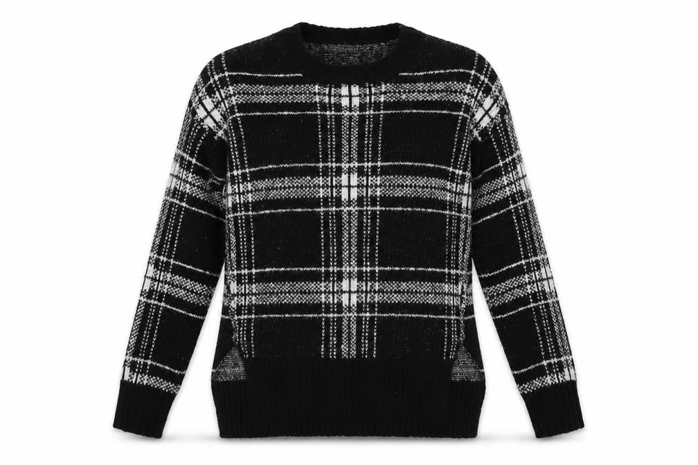 Marks and Spencer Womens Black Crew Neck Plaid Acrylic Pullover Jumper Size S