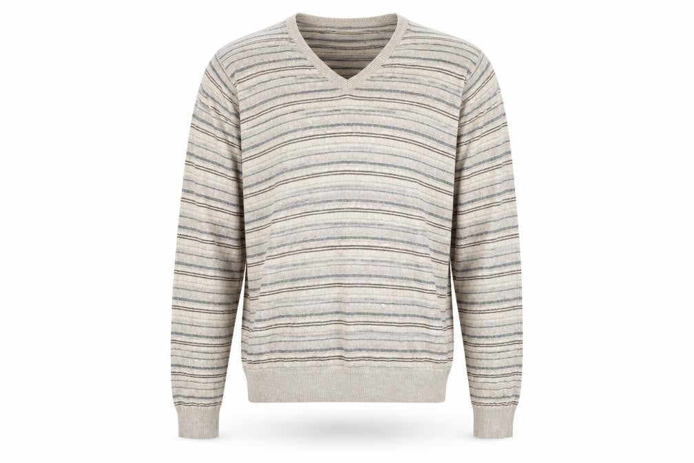 Front view of Marks & Spencer men’s beige v-neck striped viscose jumper, size L