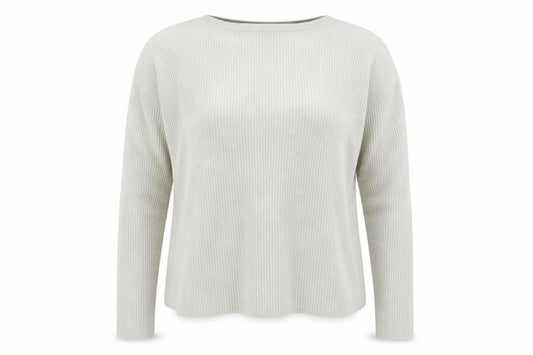 Front view of Sonder Studio women’s grey boat neck acrylic jumper, size UK 12