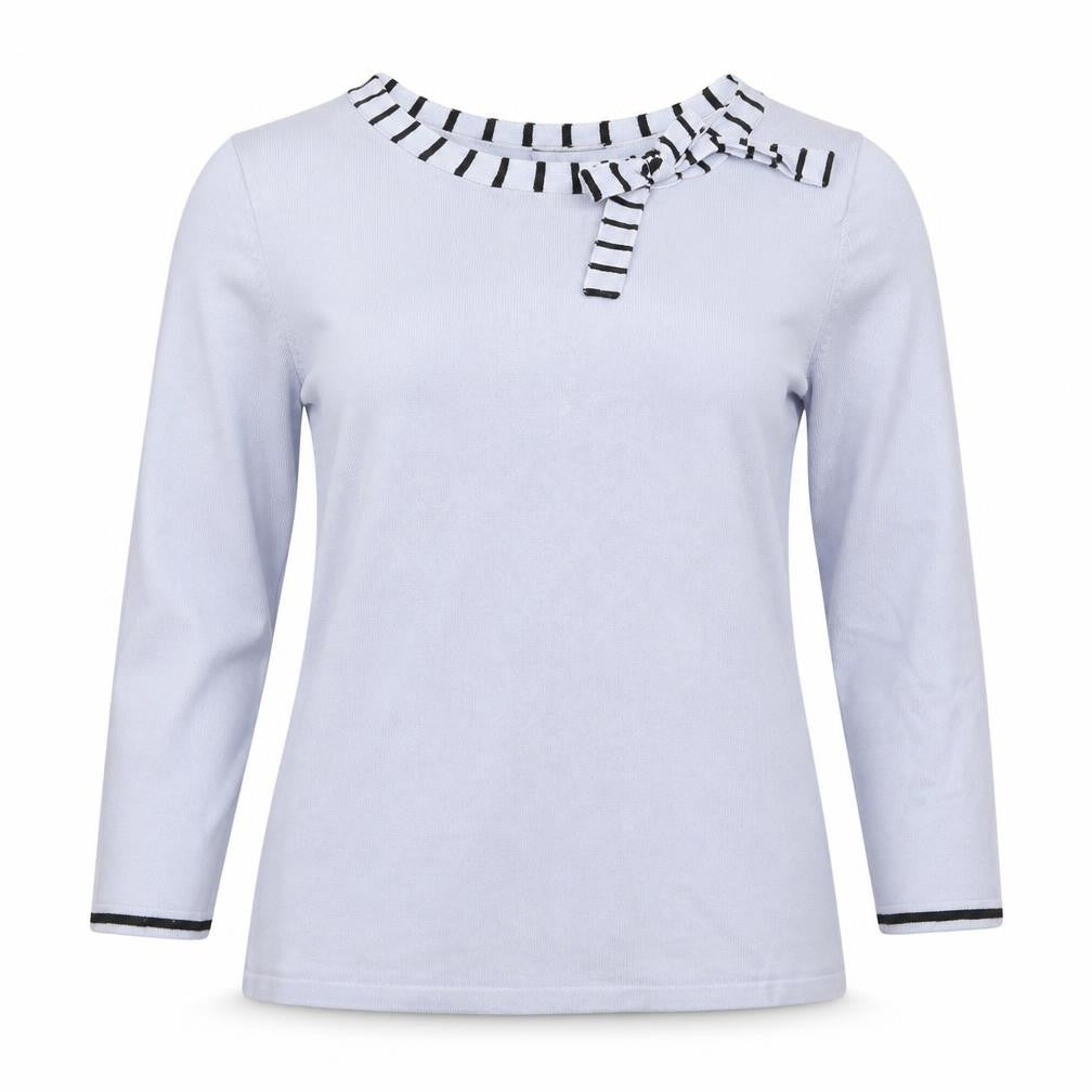 Front view of M&Co women’s blue boat neck viscose jumper, size UK 14