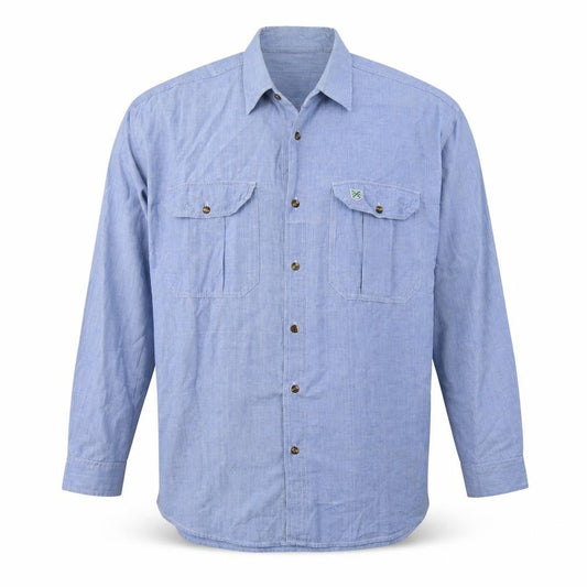 Front view of Venetti men’s blue cotton button-up, size M, collared button