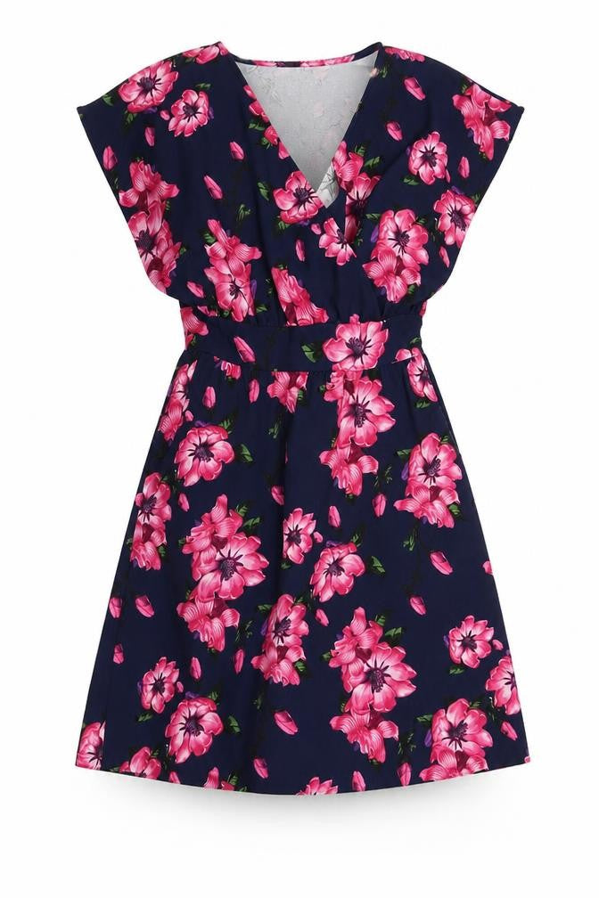 BLUE VANILLA Womens Blue Floral Polyester Fit & Flare  Size 8  V-Neck Pullover