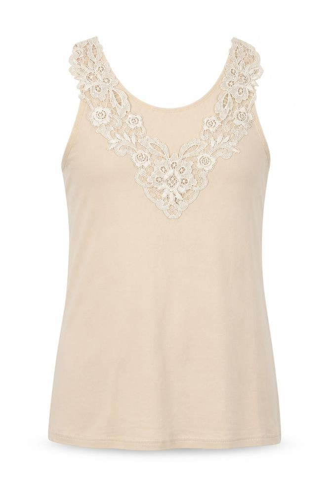 Front view of Fathi women’s beige cotton basic tank, size UK 6, v-neck