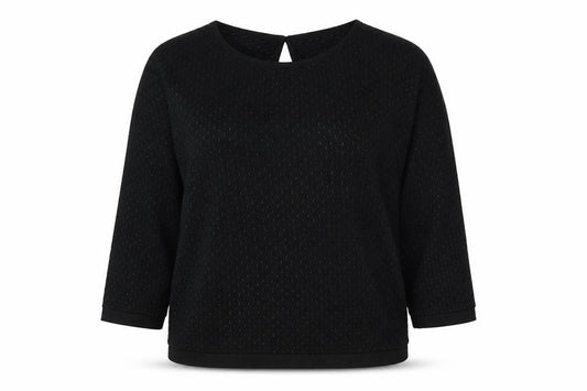 Front view of Per Una women’s black round neck geometric acrylic jumper, size UK 12